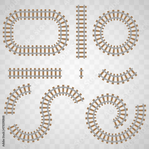 Vector railroad and railway tracks elements set. Trackway structure  for traffic train illustration. Design of rail for construction way