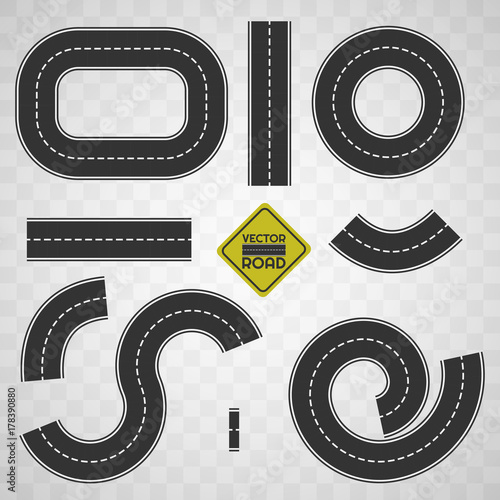 Road way collection with white continuous and discontinuous strip markings. Construction road map. Vector illustration highway texture with yellow road sign
