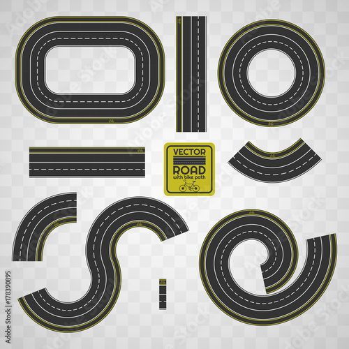 Road way collection with white continuous and discontinuous strip markings and bike path. Yellow bicycle lane lines. Construction road map. Vector illustration highway texture with yellow road sign
