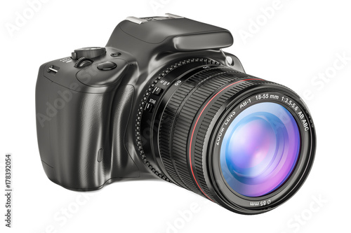 Digital single-lens reflex camera, closeup. 3D rendering