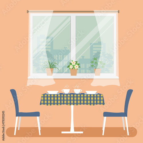 A table with a checkered tablecloth and two blue chairs on a window background. On the windowsill there are pots with room flowers. Vector illustration