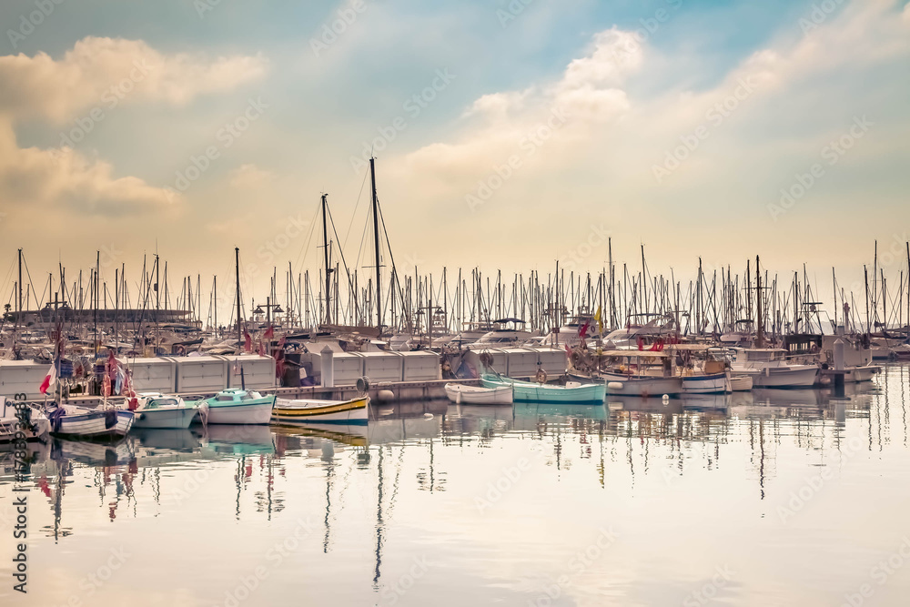 Docked sailing boats in Cannes, France