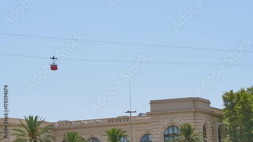 Red funicular hovering over Barcelona