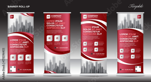 Roll up banner stand template design, red banner layout, advertisement, pull up, polygon background, vector illustration, business flyer, display, x-banner, flag-banner, infographics, presentation