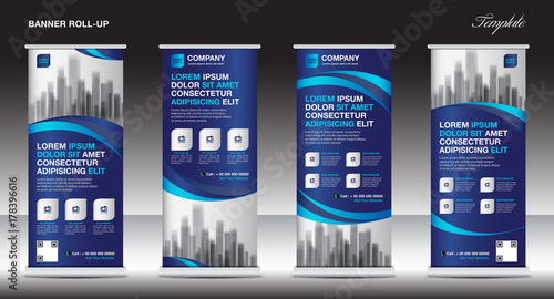 Roll up banner stand template design, blue banner layout, advertisement, pull up, polygon background, vector illustration, business flyer, display, x-banner, flag-banner, infographics, presentation