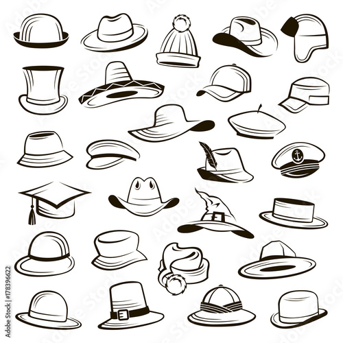 collection of different types of hats and caps