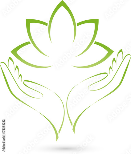 Zwei Hände und Blätter, Pflanze, Wellness und Heilpraktiker Logo