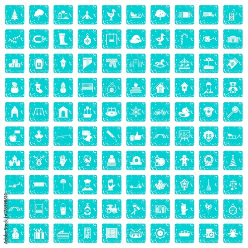 100 kindergarten icons set grunge blue