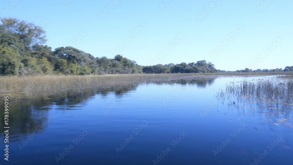 Speeding round the bend on lilly flanked river in the Okavango Delta Botswana Speeding round the bend on lilly flanked river in the Okavango Delta Botswana