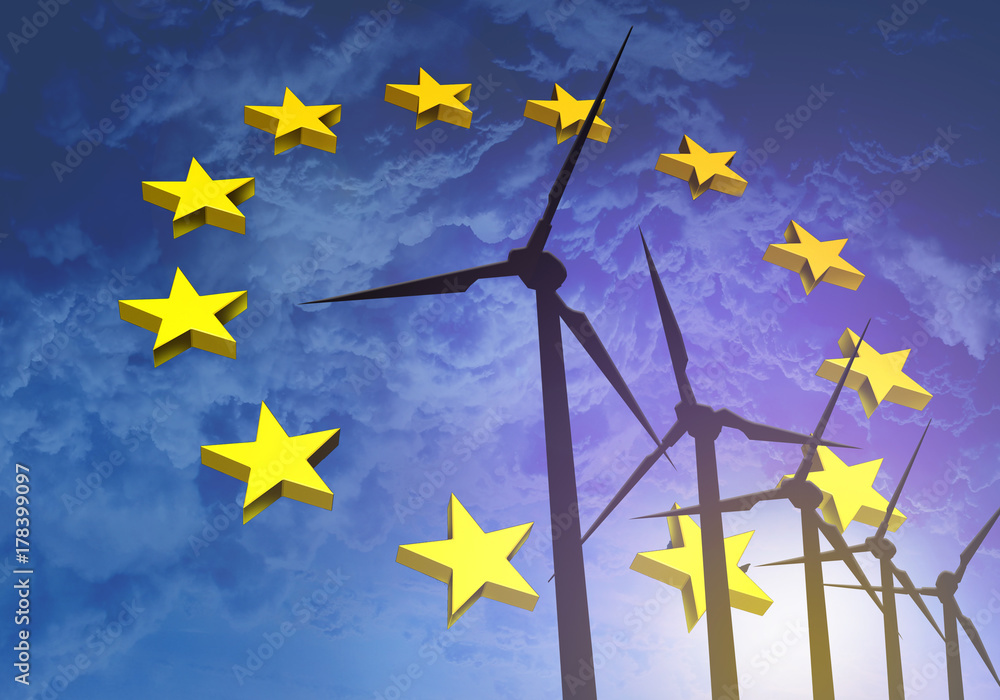 Wind turbines on the background of the flag EU Europe - obrazy, fototapety, plakaty 