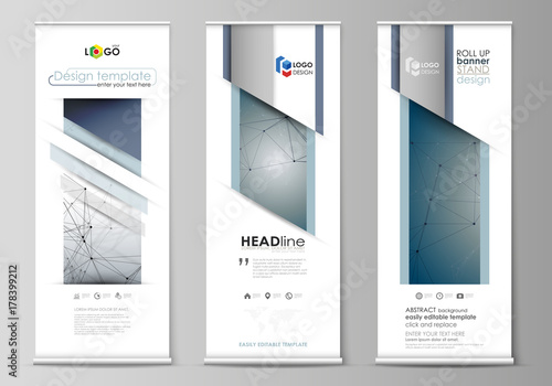 Roll up banner stands, abstract geometric design, business concept, corporate vertical vector flyers, flag layouts. DNA and neurons molecule structure. Medicine, science concept. Scalable graphic.