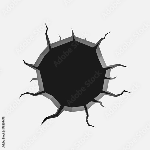 Hole with cracks. Damage surface. Broken ground or wall. Vector illustration.