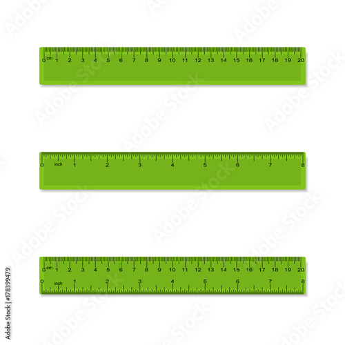 Plastic measuring rulers in centimeters, inches, millimeter - aparted and combined. Vector illustration.