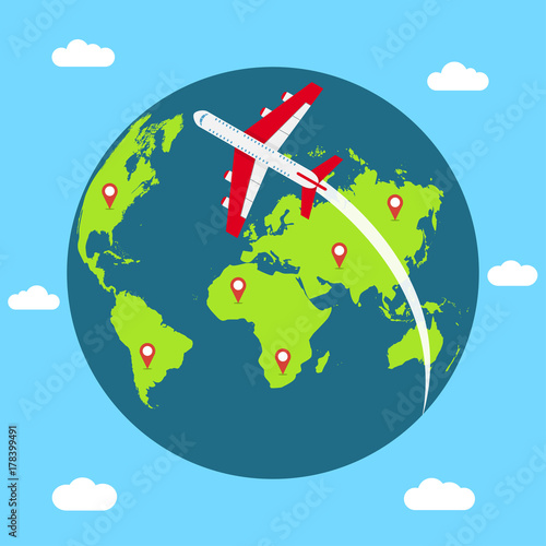 Traveling concept around the world. Banner with Earth globe, flying airplane and mapping pins. Vector illustration.