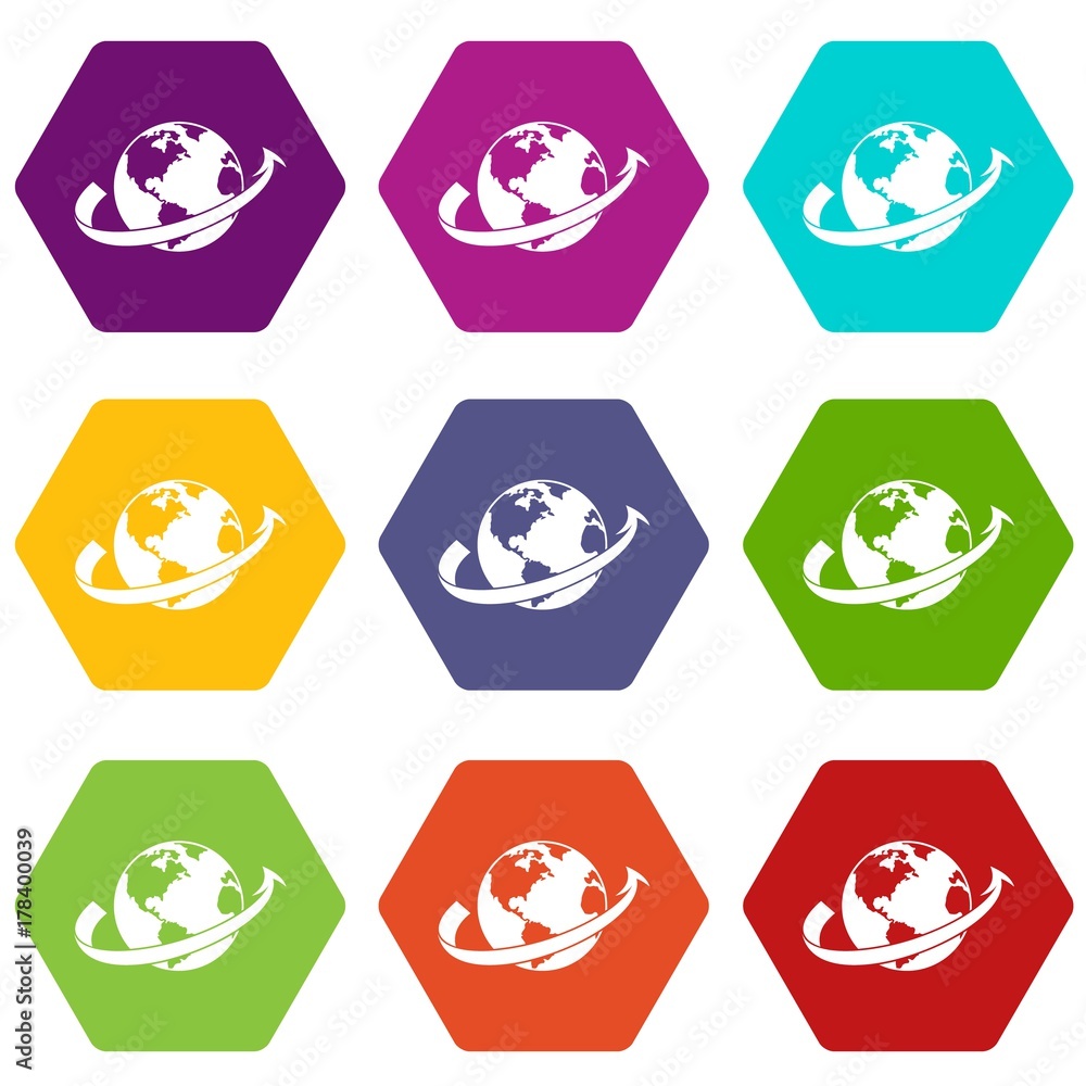 Airplane fly around the planet icon set color hexahedron Airplane fly around the planet icon set color hexahedron