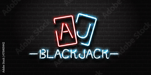 Vector realistic isolated neon sign for Blackjack lettering and playing cards for decoration and covering on the wall background. Concept of casino and gambling.
