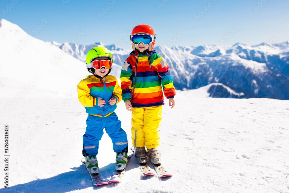 Ski and snow winter fun for kids. Children skiing. Ski and snow winter fun for kids. Children skiing.