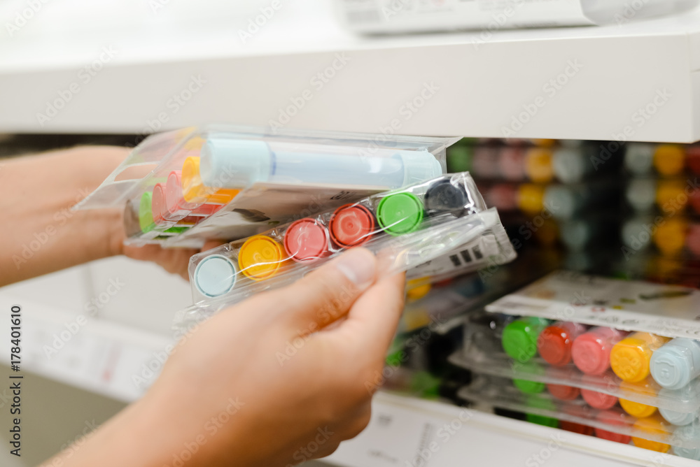 Shopping selection. Closeup picture of vibrant color markers, palette group background. Craft variation educational supplies and artistic leisure activity