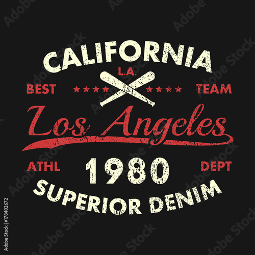 California, Los Angeles grunge print for apparel with baseball bat. Superior denim. Typography emblem for t-shirt. Design for vintage athletic clothes. Vector illustration.