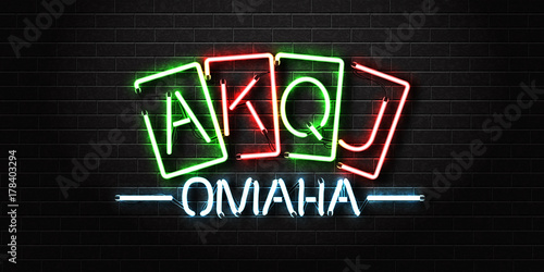 Vector realistic isolated neon sign of Omaha poker lettering for decoration and covering on the wall background. Concept of casino and gambling.
