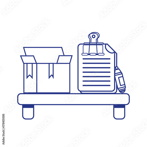 line wood shelf with box and documents with clip and highlighter pen