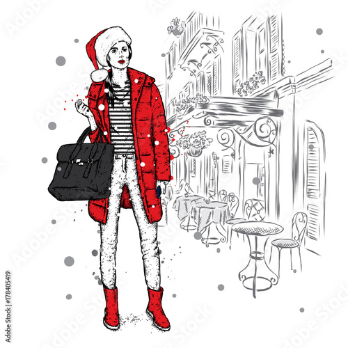 Beautiful girl in a stylish coat on the background of a beautiful vintage door. Street and house. Vector illustration for a postcard, cover, poster, or print on clothes. © vitalygrin