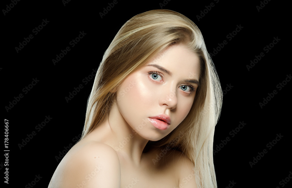 Natural beauty. Portrait of beautiful young woman with shiny blonde straight long hair, with Clean Fresh Skin look away . Blue eyes. close up portrait studio on black Natural beauty. Portrait of beautiful young woman with shiny blonde straight long hair, with Clean Fresh Skin look away . Blue eyes. close up portrait studio on black