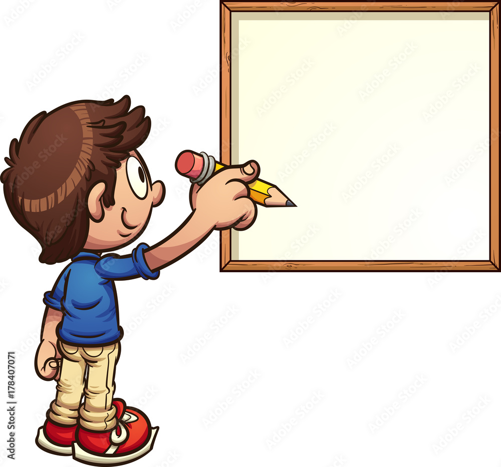 Cartoon boy writing on white board. Vector clip art illustration with simple  gradients. Boy and board on separate layers. Stock Vector | Adobe Stock