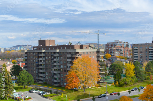 Modern condo buildings with huge windows in fall n Montreal, Canada.