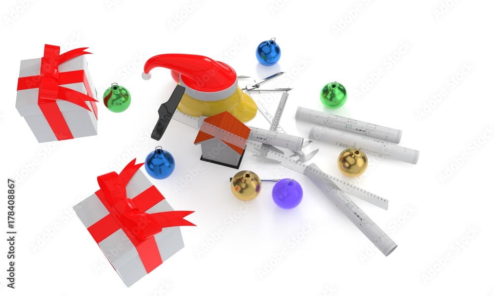 Construction work Christmas background,top view 3d rendering Construction work Christmas background,top view 3d rendering