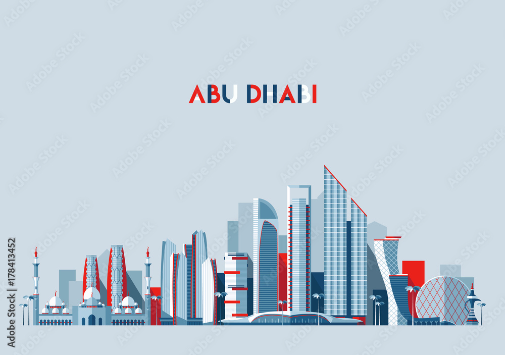 Abu Dhabi skyline Arab Emirates vector flat design - obrazy, fototapety, plakaty 