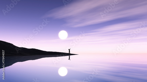 Fotografia 3D male figure stood on island against a purple ocean landscape