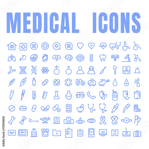 Medical blue icons used in hospital and signs like doctor, patient, ambulance, medicines, surgery and other signs inside and outside the hospital building etc. on white background