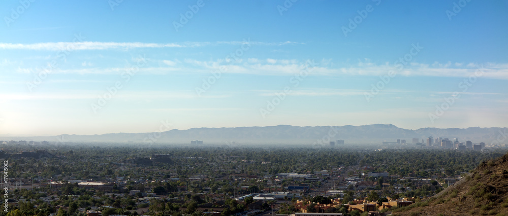 Arizona Valley of the Sun or Greater Phoenix Metro area as seen from North Mountain Park hiking trails on cool October morning; Panorama, Copyspace
