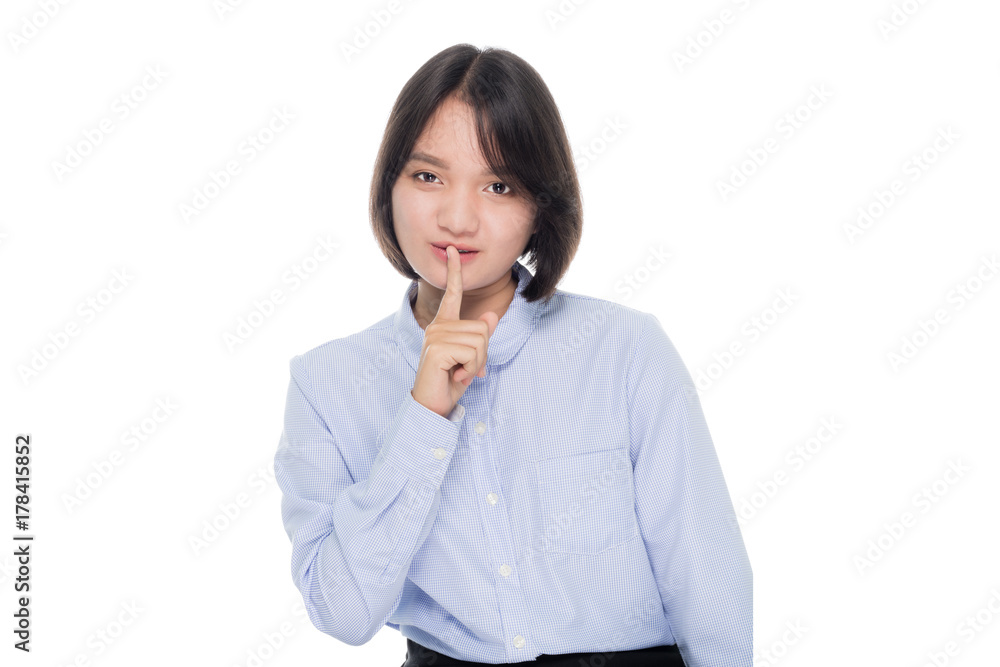 portrait of a beautiful asian businesswoman smiling and showing sign hands for shut up. Isolated on white background portrait of a beautiful asian businesswoman smiling and showing sign hands for shut up. Isolated on white background