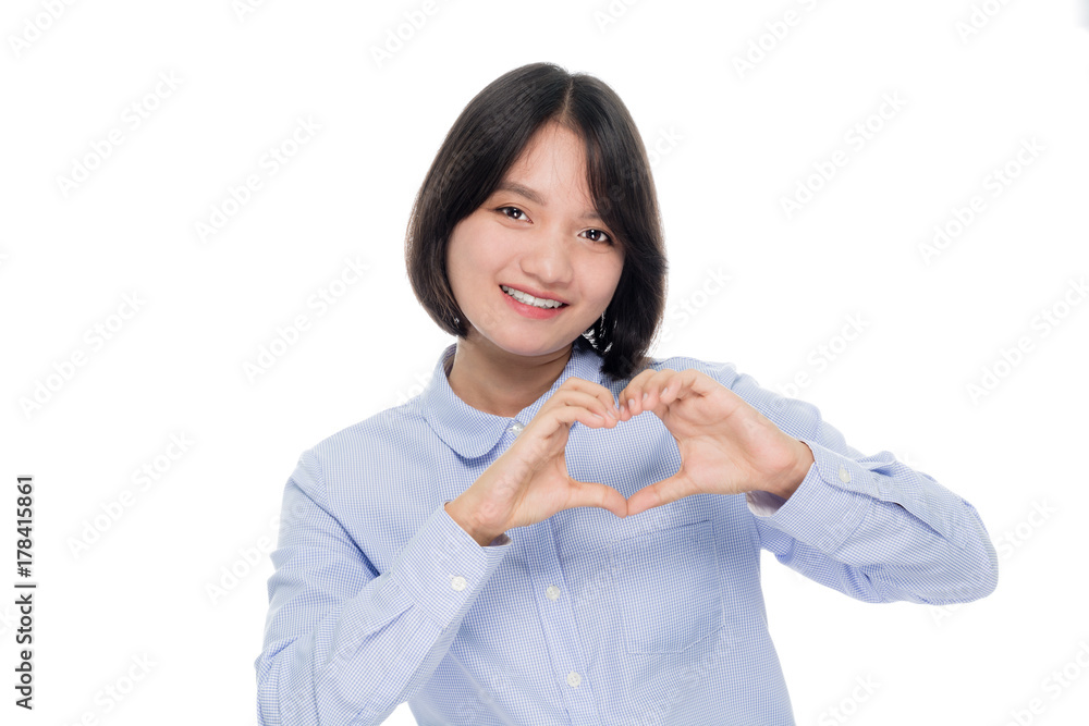 portrait of a beautiful asian woman smiling and showing love sign hand. Isolated on white background portrait of a beautiful asian woman smiling and showing love sign hand. Isolated on white background