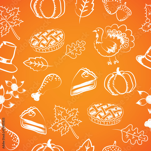 Seamless pattern with hand drawing and doodle style vector and illustration of thanksgiving ideas, pumpkin, pie, cake, turkey, hat, maple leaf and acorn in white color  on orange color background