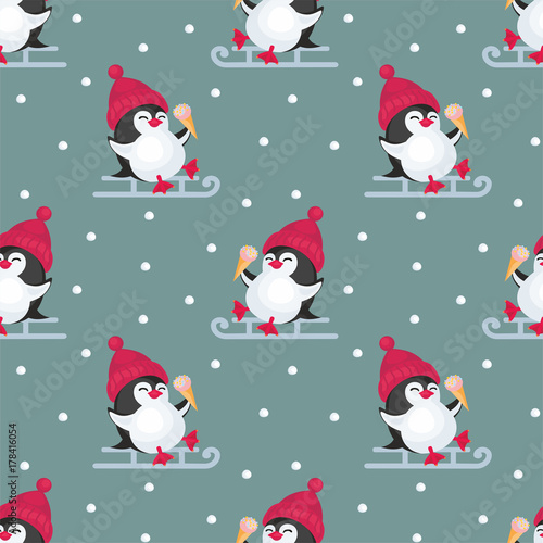Christmas seamless pattern with the image of cute penguins. Children's vector background.