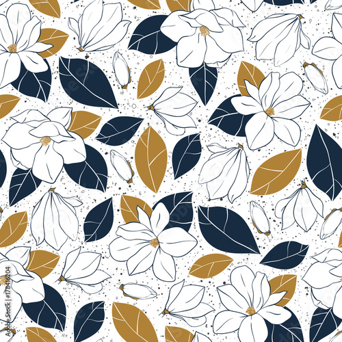 Botanical seamless pattern with magnolia flowers,buds and leaves in deep blue and mustard colors. Vector hand drawn illustration.