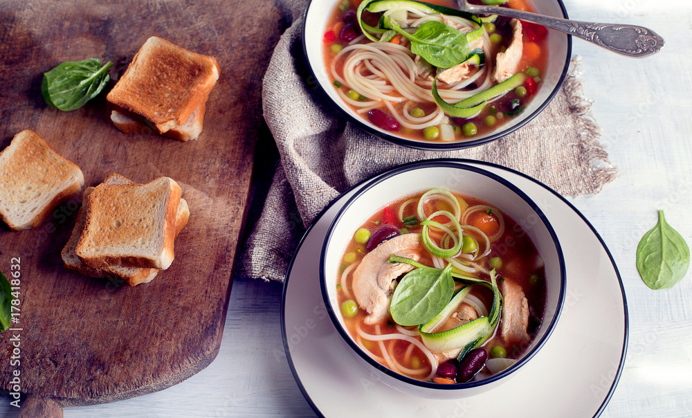 Chicken soup with noodles and vegetables Chicken soup with noodles and vegetables