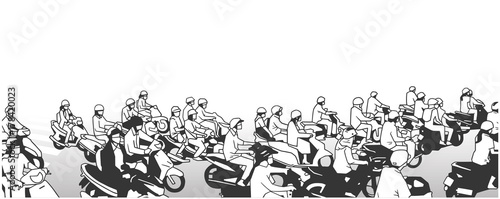 Illustration of busy asian street with motorbikes mopeds and motorcycles in black and white