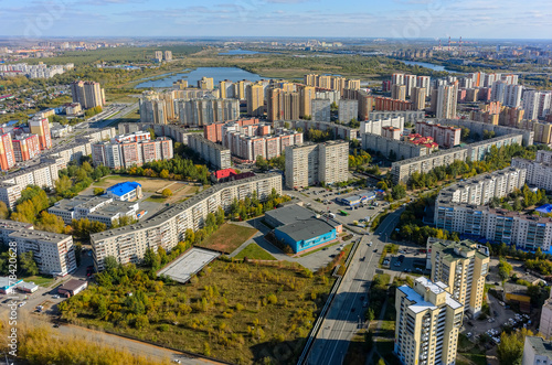 Tyumen  Russia - September 26  2017  Aerial view onto 1st Zarechny residential district and Zdorovye fitness complex