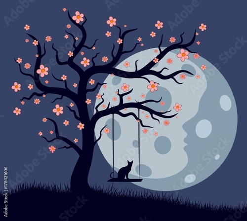 Night landscape with tree and swing.