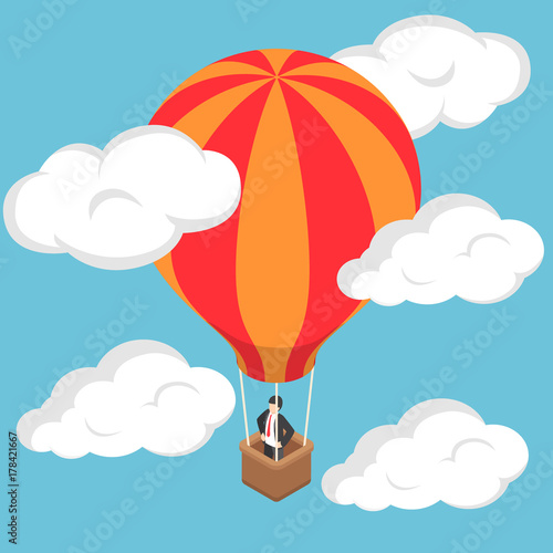 Isometric businessman standing on hot air balloon.