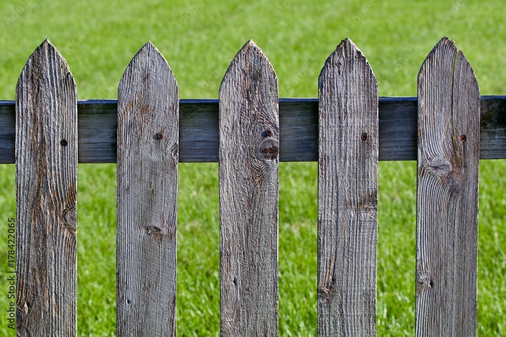 Weathered wood picket fence against the grass