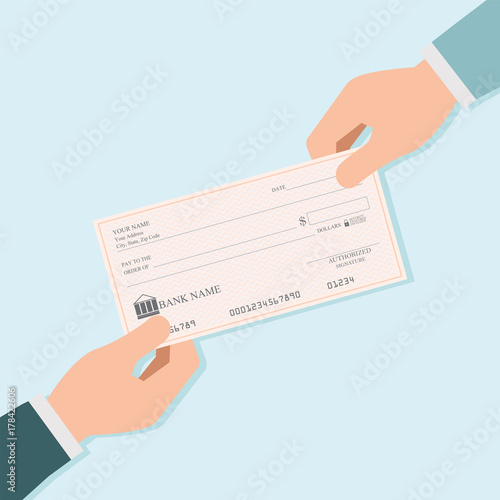 Businessman hand giving blank bank checks or cheque book to other person.