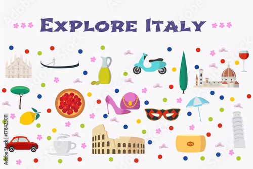 Italy vector illustration with Italian landmarks, food as background