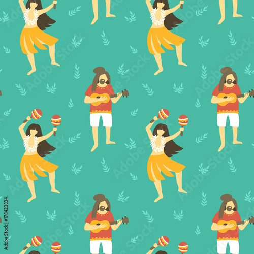 Seamless vector hawaii pattern. Summer background with dancing girls and men playing ukulele . Bright ethnic design.