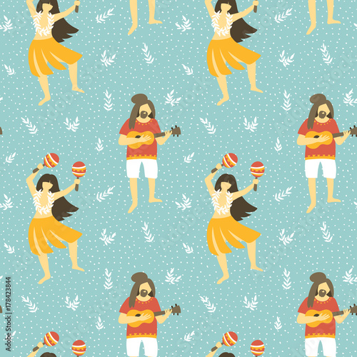 Seamless vector hawaii pattern. Summer background with dancing girls and men playing ukulele . Bright ethnic design.