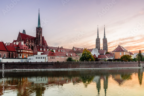 Cityscape of Ostrow Tumski in Wroclaw at morning. Panorama of cathedral.